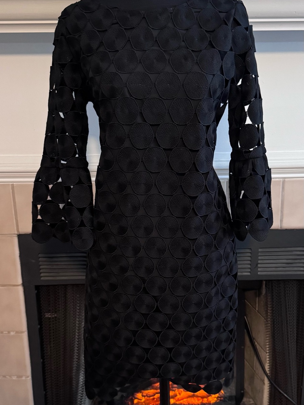 Ann Taylor Black Midi Dress with Intricate Circular Designs and Quarter Sleeves